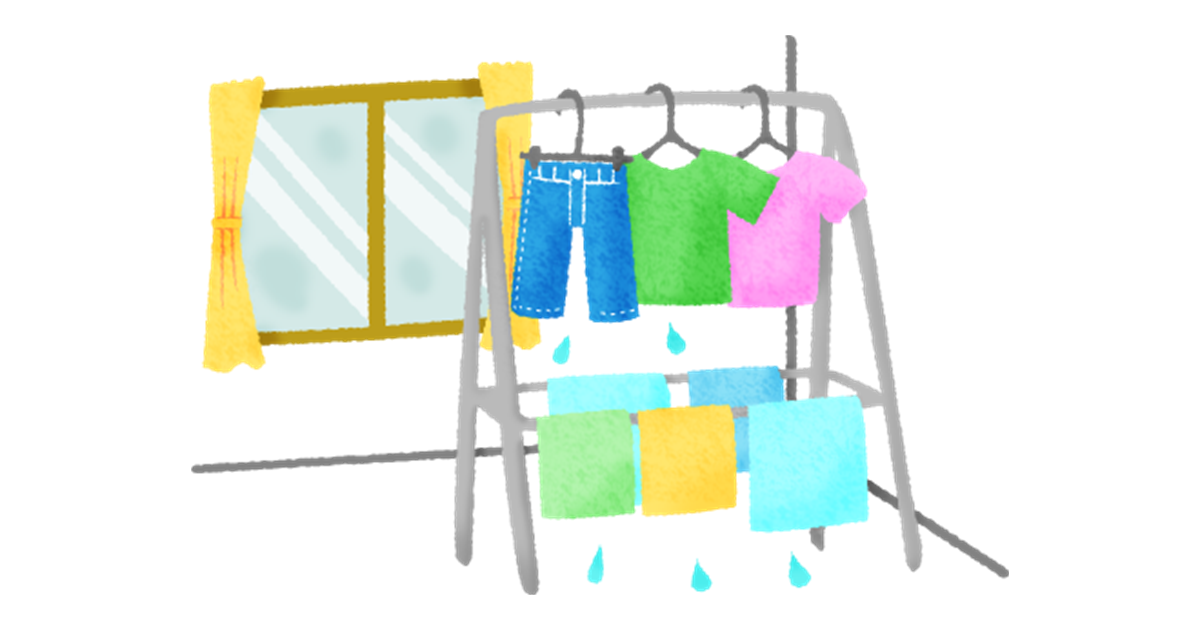 部屋干しした洗濯物と窓の結露のイラスト